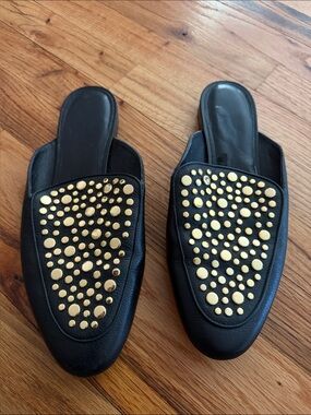 Michael Kors Black Leather Slide Mules with Gold Stud Clusters